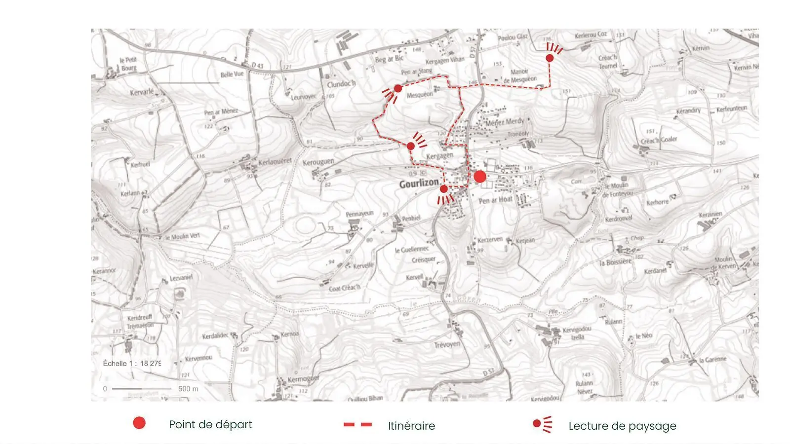 carte générale de l'itinéraire avec les points d'arrêt envisagés pour lire les paysages du bocage de Gourlizon