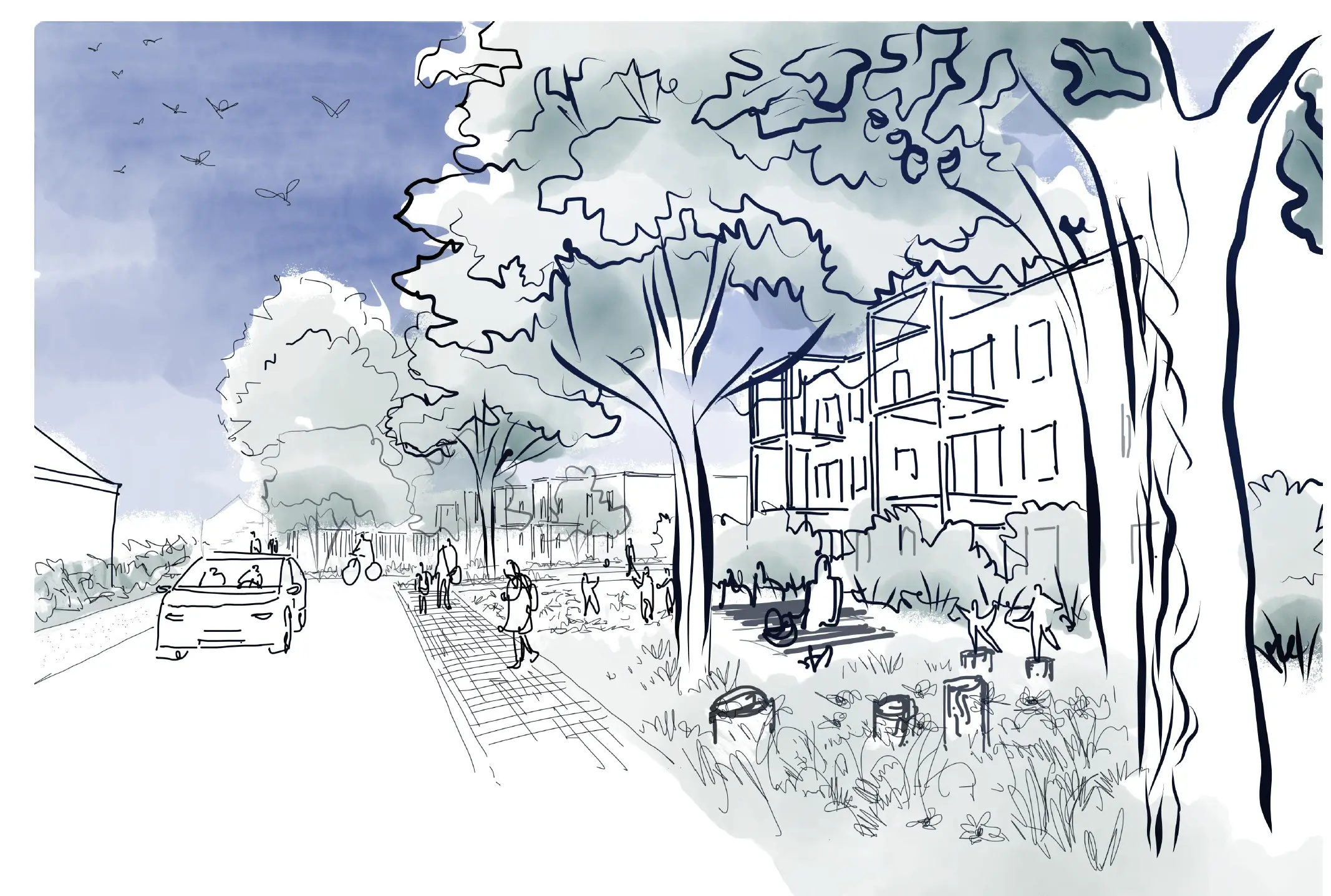 Scenario 1 - Croquis depuis l'entrée du nouveau quartier