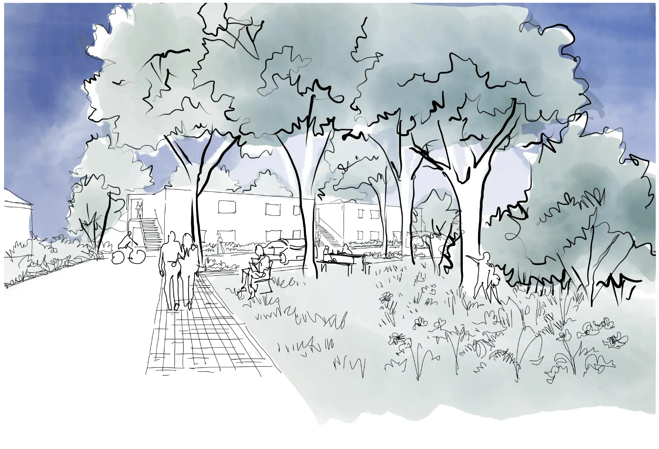 Scenario 2 - Croquis depuis l'entrée du nouveau quartier